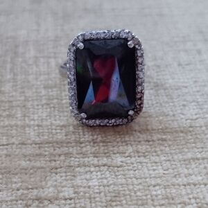 Rectangular Multi Faceted Deep Red Glass Silver Ring